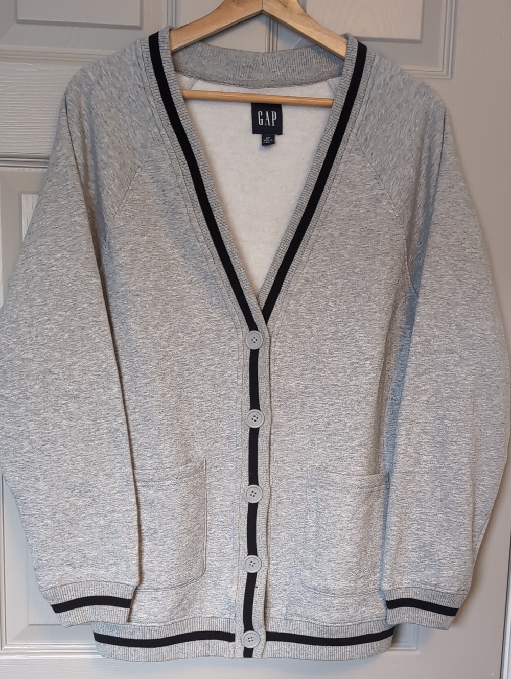 GAP Light Gray Fleece Cardigan with Navy Trim